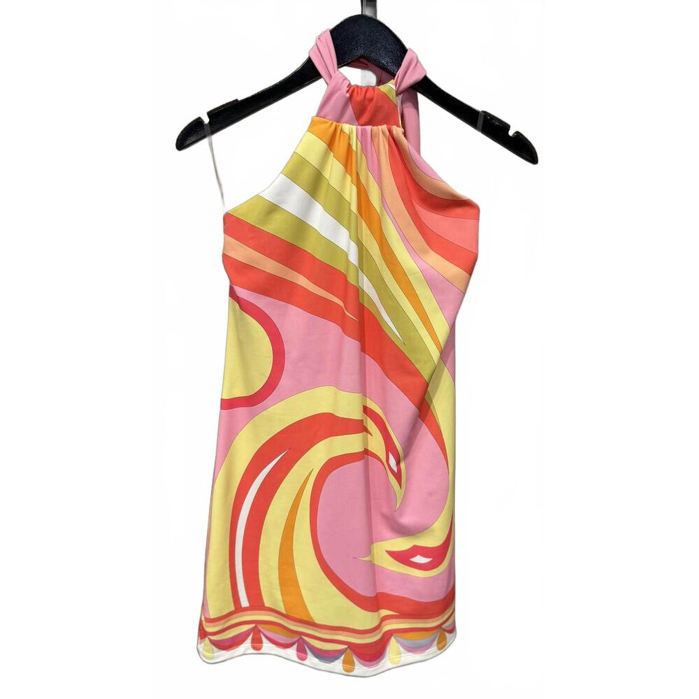 NEW MICHELLE PARISOU women's printed halter dress in yellow/pink/orange